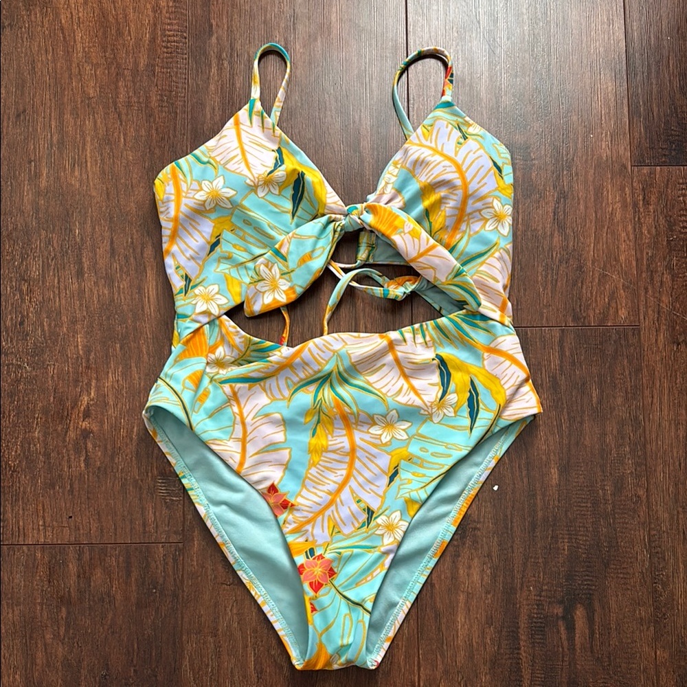 GB Girls Tropical Floral One Piece Swimsuit - Aqua and Yellow